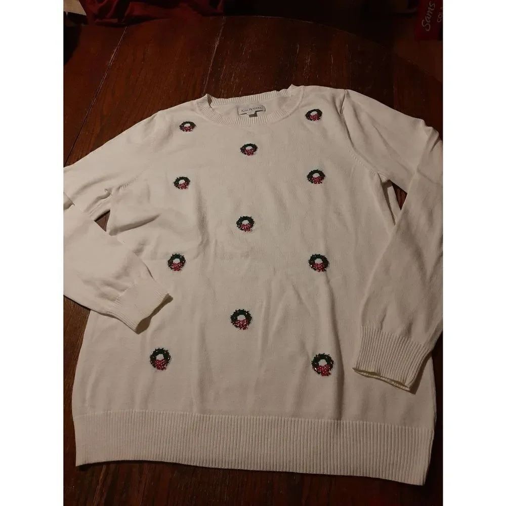Large Kim Rogers  Pullover Embellished Wreaths Christmas Holiday Sweater